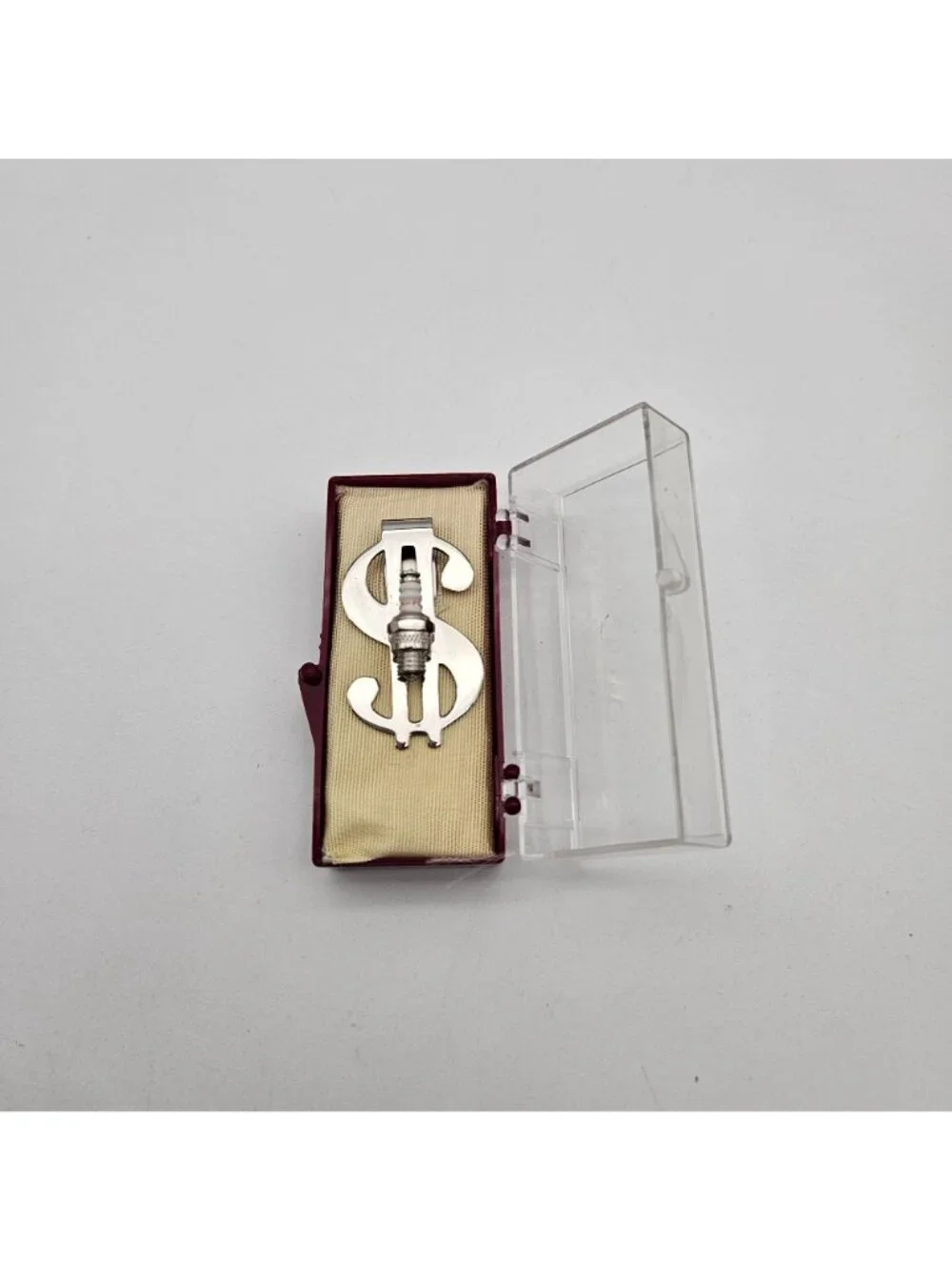 Vintage Dollar Sign $ Champion Spark Plug Silver Tone Money Clip in Box NOS